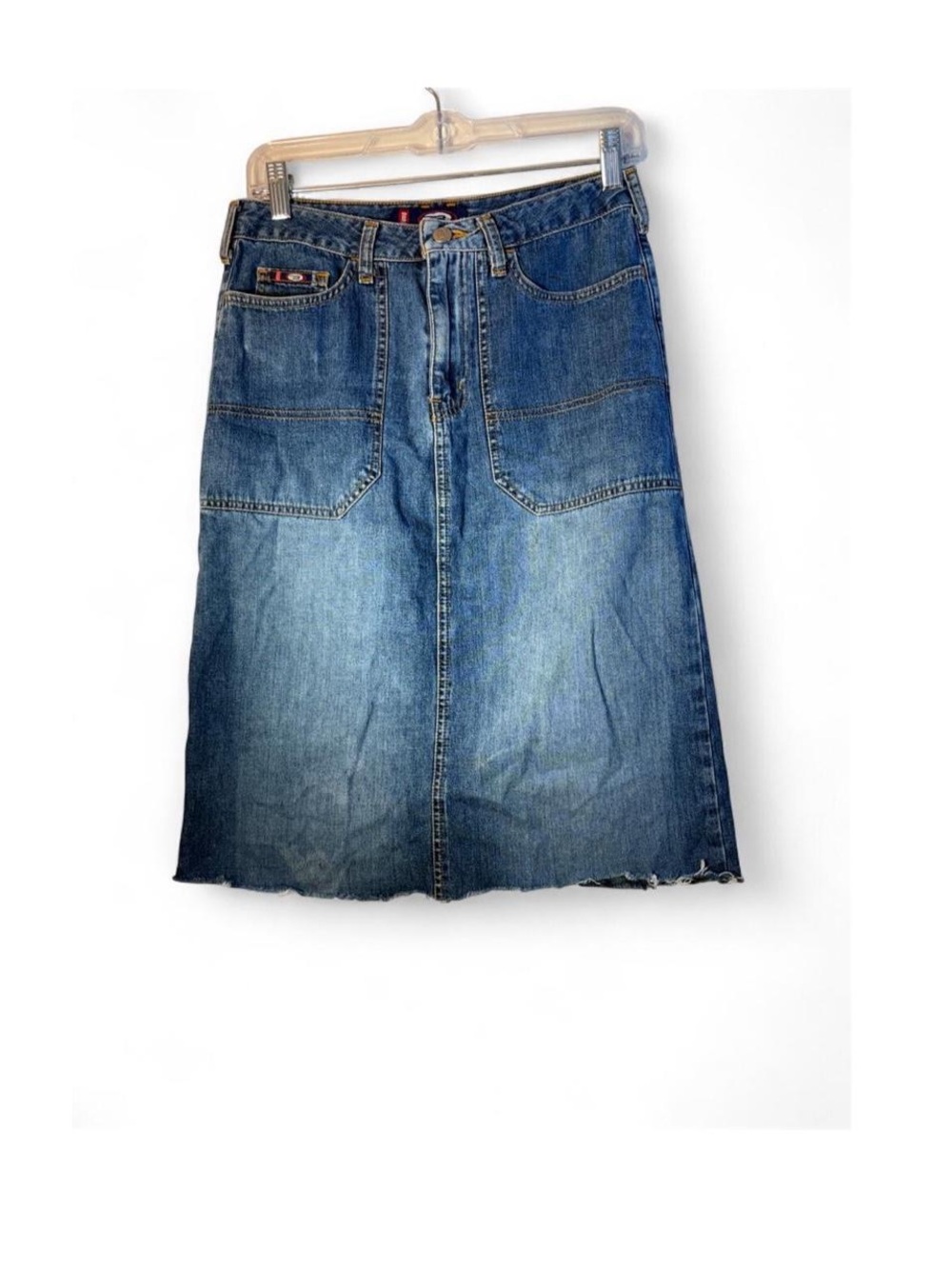 Y2K BONGO Blue Denim Midi Skirt with Front Patch Pockets